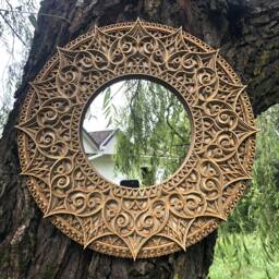 Ornate Mandala Mirror Wood Rustic Boho Decor, Spiritual Wall Art - thumbnail 3