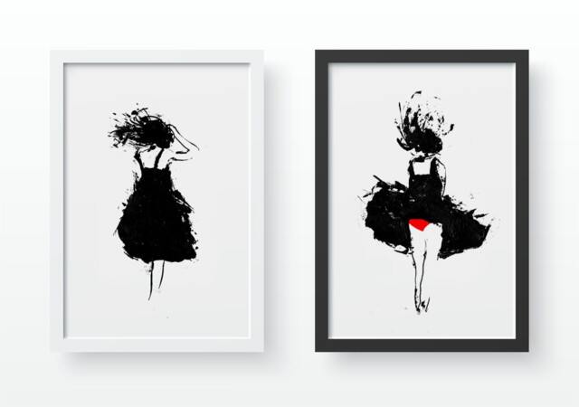 Set Of Two Prints, Black & White Art, Red Wall Minimalist Art Poster, Modern Home Decor, Print, Pen & Ink Wind Blowing - image 1