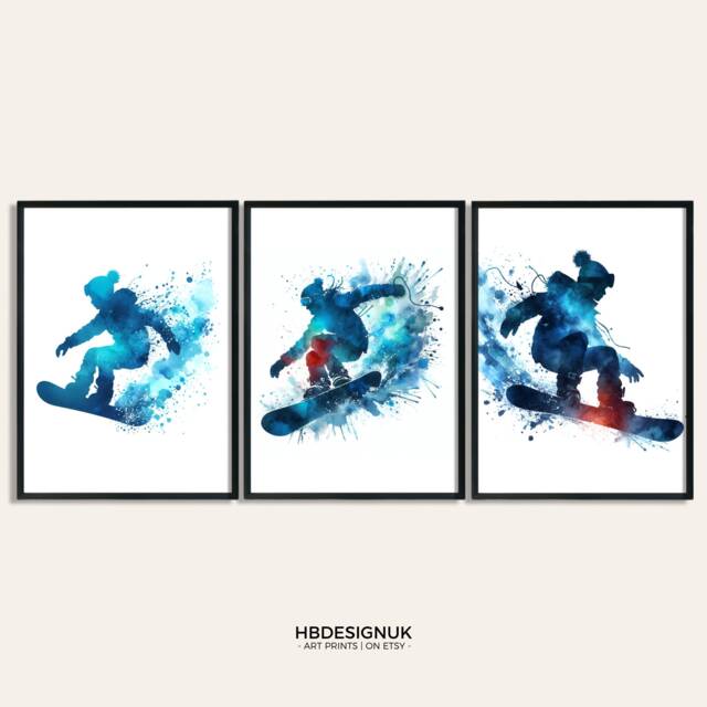 Watercolour Boy Snowboarder Print - Blue Set Of 3 Snowboard Posters - Art Prints Decor Gift For Snowboarding Boys Room Wall - image 1
