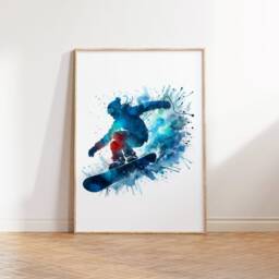 Watercolour Boy Snowboarder Print - Blue Set Of 3 Snowboard Posters - Art Prints Decor Gift For Snowboarding Boys Room Wall - thumbnail 3