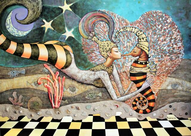 Mermaid, Kiss With Magic Sea Horse, Original Fantasy Art, Texture Fine Art Print With, Modern Artwork, Unique Artistic Style - image 1