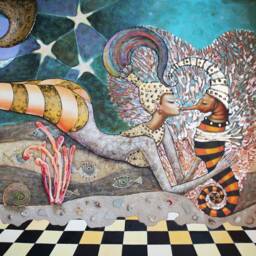 Mermaid, Kiss With Magic Sea Horse, Original Fantasy Art, Texture Fine Art Print With, Modern Artwork, Unique Artistic Style - thumbnail 3