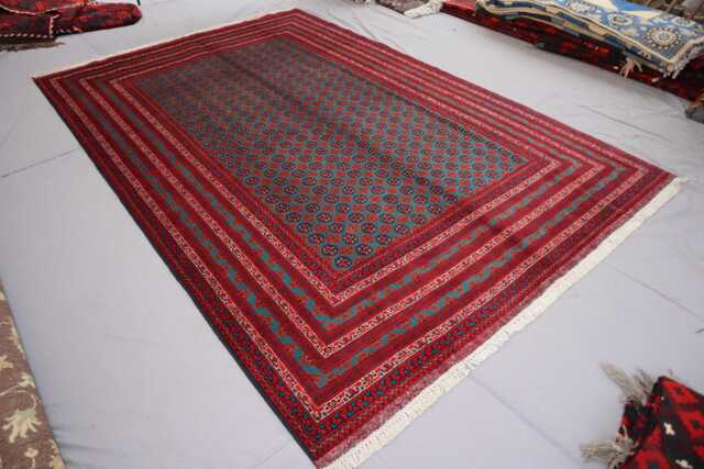 6'7x9'8 Ft Handmade Blue Rug, Afghan Ersari Tribal Veg Dyes Wool Area High Pile Soft Carpet, Oriental Turkmen Living Room Rug - image 1