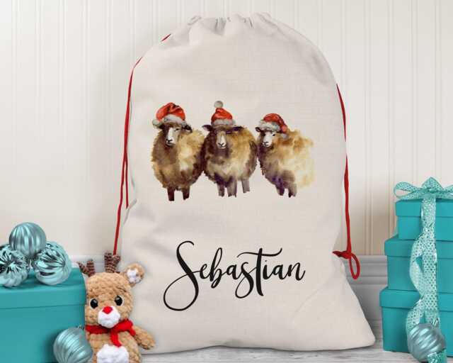 Personalised Large Christmas Sack Three Xmas Sheep Design Name Stocking Gift Rudolph Red Drawstring Decoration Sk069 - image 1