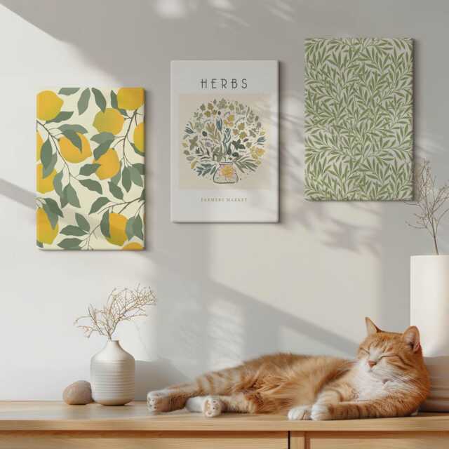 Canvas Art Set Of 3 - Lemon Motifs With Herbs & Plant Leaves, Green Print On Canvas, Plants Flowers Wall Decor - image 1
