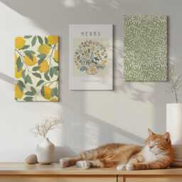 Canvas Art Set Of 3 - Lemon Motifs With Herbs & Plant Leaves, Green Print On Canvas, Plants Flowers Wall Decor - thumbnail 1