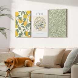 Canvas Art Set Of 3 - Lemon Motifs With Herbs & Plant Leaves, Green Print On Canvas, Plants Flowers Wall Decor - thumbnail 2