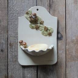 Dish Soap in White With Boletus Edulis Mushrooms & Moss - Wall Mounted Stoneware - thumbnail 2