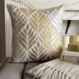 Beige Linen, Gold Faux Leather Appliqu?? Maple Leaf, Modern Throw Pillow Cover/Euro Sham - Foil - thumbnail 1