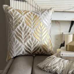 Beige Linen, Gold Faux Leather Appliqu?? Maple Leaf, Modern Throw Pillow Cover/Euro Sham - Foil - thumbnail 2