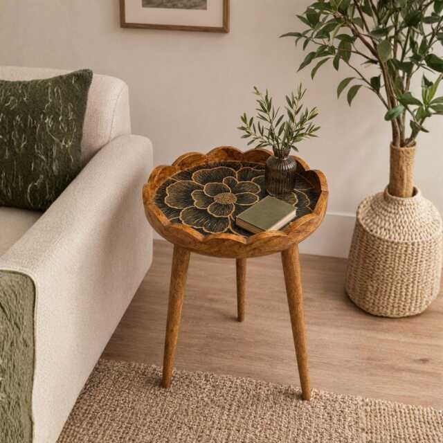 Handmade Mango Wood Side Table Scalloped Tray Top Embossed Golden Black Pattern - image 1