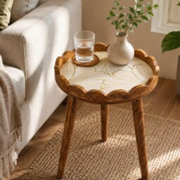 Handmade Mango Wood Side Table Scalloped Tray Top Embossed Golden Black Pattern - thumbnail 4