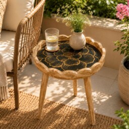 Handmade Mango Wood Side Table Scalloped Tray Top Embossed Golden Black Pattern - thumbnail 2