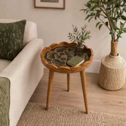 Handmade Mango Wood Side Table Scalloped Tray Top Embossed Golden Black Pattern