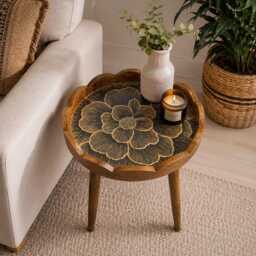 Handmade Mango Wood Side Table Scalloped Tray Top Embossed Golden Black Pattern - thumbnail 3