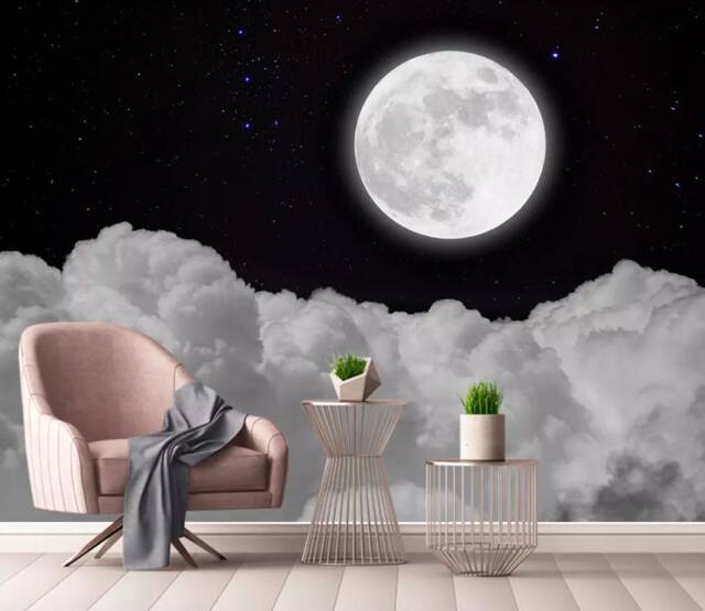 3D Moon & Clouds Wallpaper Mural, Peel Stick Sky Wall Decor - image 1