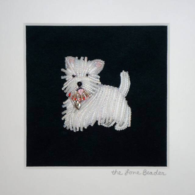 Beaded Westie Dog Portrait Framed Sterling Silver Heart Art - image 1