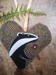 Hand Crafted Harris Tweed Badger Design Embroidered Hanging Heart Decoration - thumbnail 1