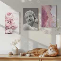 Set Of 3 Canvas Prints - Romantic Peonies Sculpture A Woman Abstract, Pink Wall Art Print, Plants & Flowers Decor - thumbnail 2