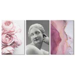 Set Of 3 Canvas Prints - Romantic Peonies Sculpture A Woman Abstract, Pink Wall Art Print, Plants & Flowers Decor