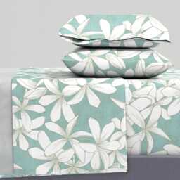 Floral Sheets - Plumerias Marsh Grass On Aquatic 150 By Kadyson Hawaiian Plant Nature Dots Cotton Sateen Sheet Set Bedding Spoonflower
