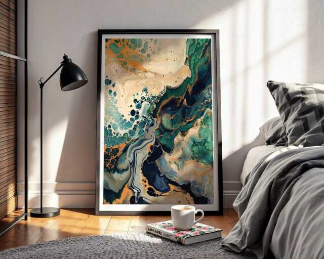 Marble Effect Art Print Nature's Palette Emerald Green Acrylic Pour Fluid Cells Painting Contemporary Design Colourful Statement Artwork - image 1