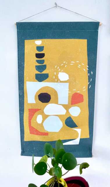 Abstract Wall Hanging 60x100 cm, Green/Ochre Yellow, Printed On Robust Cotton, Abstract Cut Shapes, Tapestry, Decoration, Interior, Living - image 1