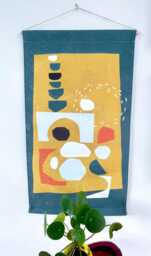 Abstract Wall Hanging 60x100 cm, Green/Ochre Yellow, Printed On Robust Cotton, Abstract Cut Shapes, Tapestry, Decoration, Interior, Living