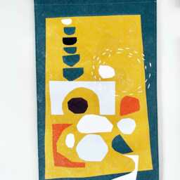 Abstract Wall Hanging 60x100 cm, Green/Ochre Yellow, Printed On Robust Cotton, Abstract Cut Shapes, Tapestry, Decoration, Interior, Living - thumbnail 2