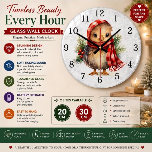 Christmas Chicken Wall Clock - Glass Silent 20cm/30cm - Holiday Farmhouse Decor - image 1