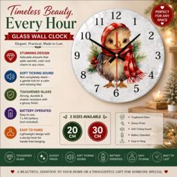 Christmas Chicken Wall Clock - Glass Silent 20cm/30cm - Holiday Farmhouse Decor - thumbnail 1
