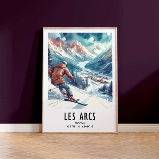 Les Arcs Ski Poster - Watercolour Art Print - Travel Wall Artwork Skiing Gifts French Alps Decor Skier Resort Snowboarder Gift - image 1