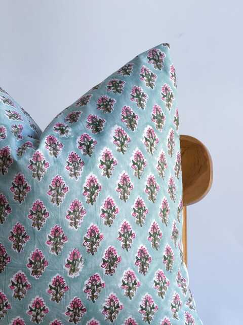 Block Print Pillow Cover Floral Batik, Boho Farmhouse Decor - 20x20 - image 1