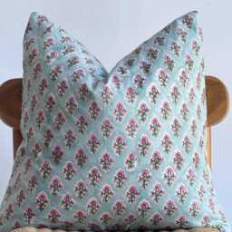 Block Print Pillow Cover Floral Batik, Boho Farmhouse Decor - 20x20 - thumbnail 2
