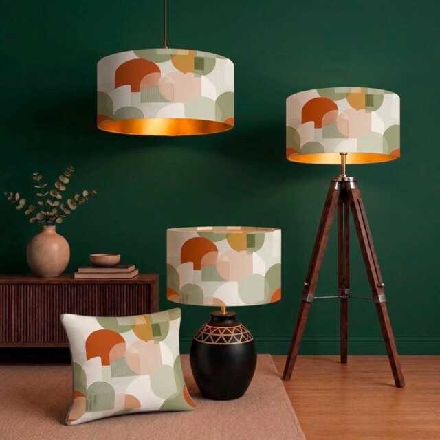 New High Quality Handmade Orange Sage Boho Retro Geometric Pattern On Velvet Drum Shape Lamp Shade Pendant Light All Size - image 1