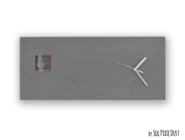 Cuckoo Clock With Silver Wire Bird - Concrete & Wood Rectangle Wall Modern Minimalist Gift Idea Home Decor - image 1