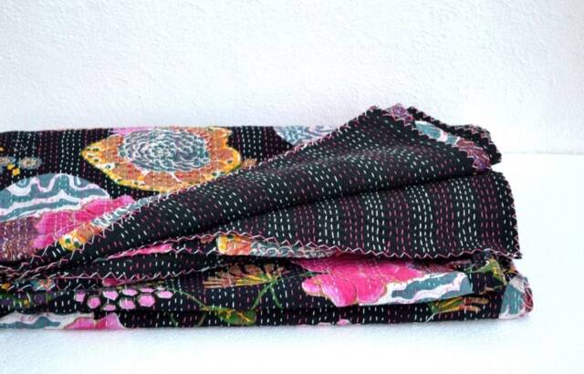Indian Floral Kantha Quilt Single Throw Bedspread Cotton Blanket - image 1