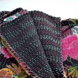 Indian Floral Kantha Quilt Single Throw Bedspread Cotton Blanket - thumbnail 2