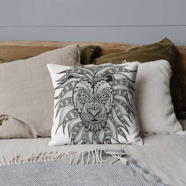 Lion Double-Sided Cotton Pillow - Animal Home Decor Caesar Tribal Art Drawing Black & White - image 1