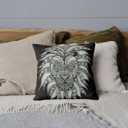 Lion Double-Sided Cotton Pillow - Animal Home Decor Caesar Tribal Art Drawing Black & White - thumbnail 2