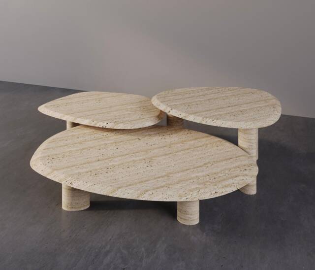 Travertine Marble Coffee Tables - Modern Designer Stone Tables, Set Of Three - image 1