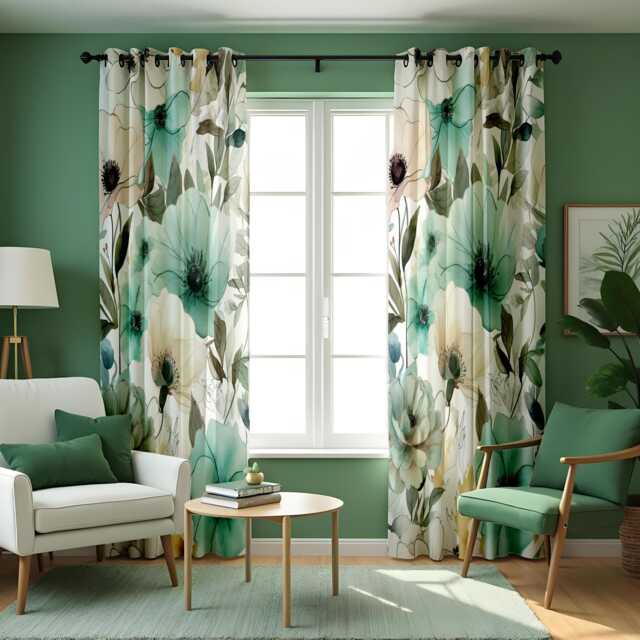 Floral Green & Teal Curtains, Botanical Soft Pastel Window Drapes, Custom Length Fresh Curtain Panels - image 1