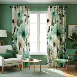 Floral Green & Teal Curtains, Botanical Soft Pastel Window Drapes, Custom Length Fresh Curtain Panels