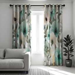Floral Green & Teal Curtains, Botanical Soft Pastel Window Drapes, Custom Length Fresh Curtain Panels - thumbnail 2