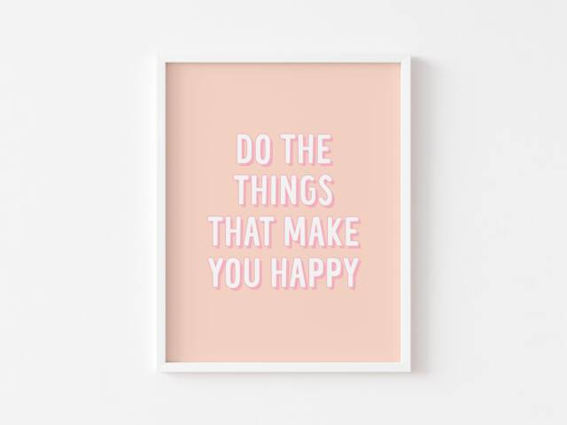 Bedroom Prints - Happiness Quote Pastel Pink Print Wall Art Motivational Saying Home Decor Office Positive