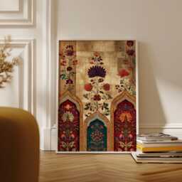 Persian Floral Poster - Ornamental Botanical Illustration Red Blue Gold Pattern - thumbnail 2