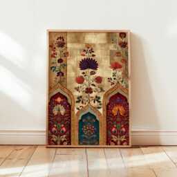 Persian Floral Poster - Ornamental Botanical Illustration Red Blue Gold Pattern - thumbnail 1