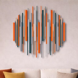 Large Round Wall Art Orange Teal 3D Wood Sculpture With Polished Metal Accents - thumbnail 2