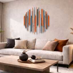 Large Round Wall Art Orange Teal 3D Wood Sculpture With Polished Metal Accents - thumbnail 3