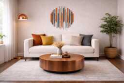 Large Round Wall Art Orange Teal 3D Wood Sculpture With Polished Metal Accents - thumbnail 1